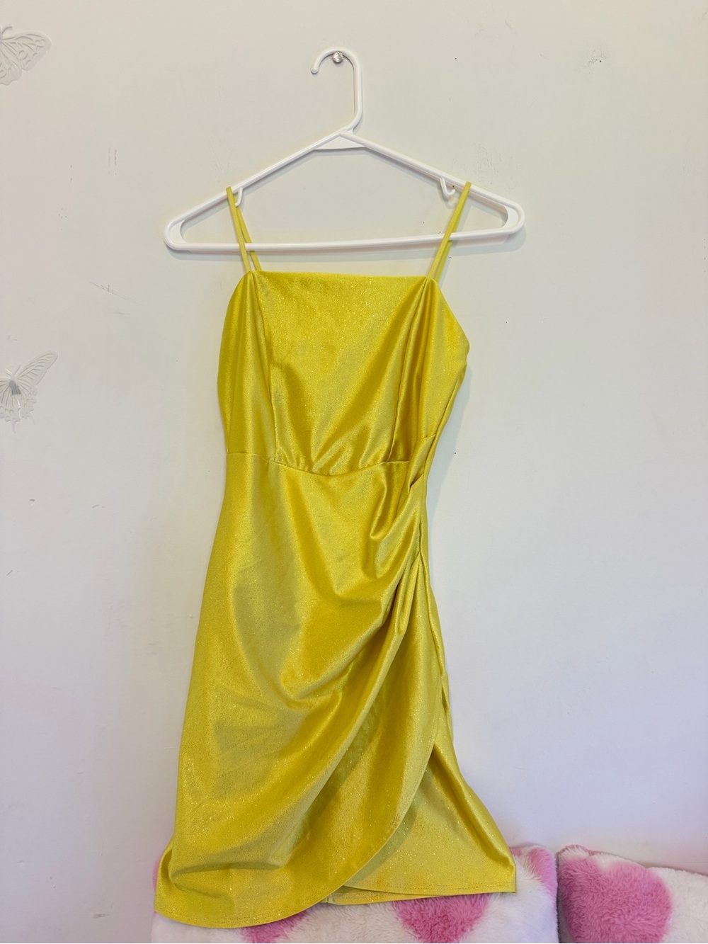 Emerald Sundae Yellow Satin Mini Dress with Draped Side